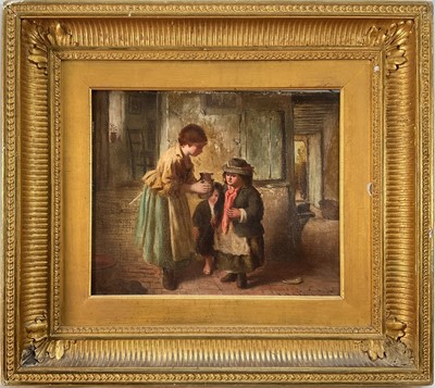 Lot 1116 - E.S. Grigg, 19th century oil on canvas, children and their mother in a cottage interior, signed, in period gilt frame. 25 x 30cm.