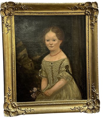 Lot 1112 - English School, early 19th century, oil on canvas, young lady standing in a landscape holding a posy of flowers, in gilt frame. 60 x 50cm