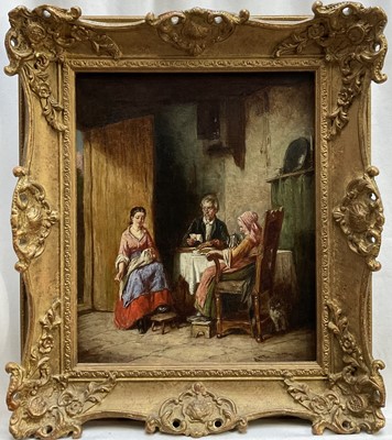 Lot 1109 - Mark Langlois (1848-1924) oil on canvas, Rustic figures and their cat in a cottage interior, signed with initials, in gilt frame. 29 x 24cm.