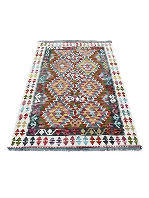 Lot 1492 - Chobi Kilim with geometric decoration on multicoloured ground, 192cm x 123cm