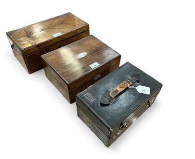 Lot 400 - 19th century Rosewood work box with mother of pearl cartouche and escutcheon, together with a 19th century walnut writing slope, and a leather travelling vanity set, (3).