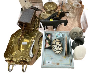 Lot 404 - Group of sundry items to include brass oil lamp, claret jug with plated mount and brass sconces.