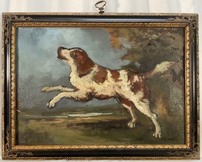 Lot 1051 - English School, oil on panel - Spaniel in a landscape, 29cm x 41cm, in ebonised and gilt frame