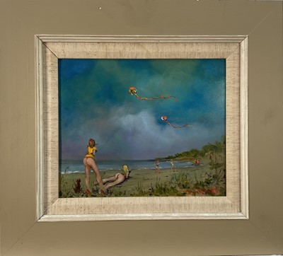 Lot 1098 - David Ross (Contemporary) oil on board - Beach Bums, signed and dated 2025, 24cm x 29cm, titled verso, framed