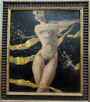 Lot 1167 - Kanwaldeep Singh Kang (1964-2007) oil on board - Dancer, signed 'Nicks', dated '96, 104cm x 89cm, in ebonised and gilt frame