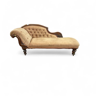 Lot 1512 - Victorian mahogany framed chaise longue with pink upholstery on turned legs