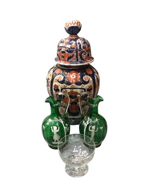 Lot 759 - Pair of Mary Gregory green glass ewers, a glass pedestal dish and an Imari pattern vase and cover