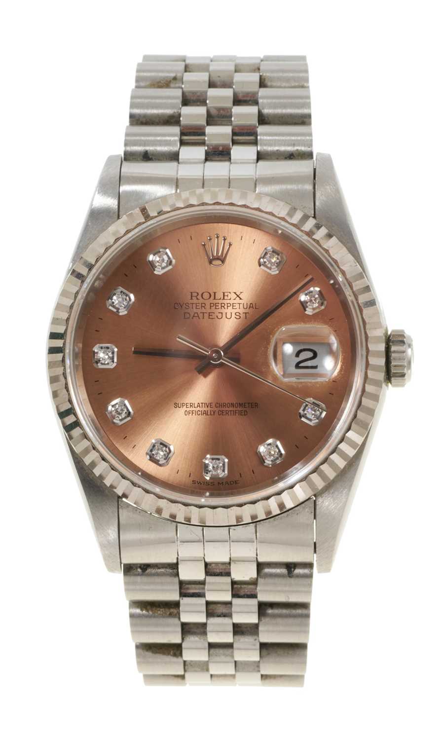Lot 753 - Gentlemen's Rolex Oyster Perpetual DateJust stainless steel wristwatch with a circular bronzed satin dial and diamond dot hour markers in Oyster case with milled bezel and screw down crown on a...