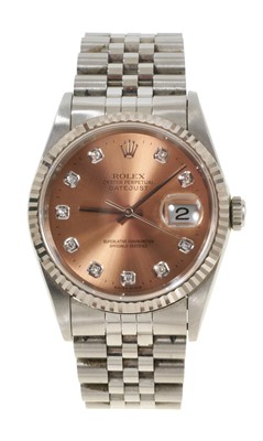 Lot 753 - Gentlemen's Rolex Oyster Perpetual DateJust stainless steel wristwatch with a circular bronzed satin dial and diamond dot hour markers in Oyster case with milled bezel and screw down crown on a...