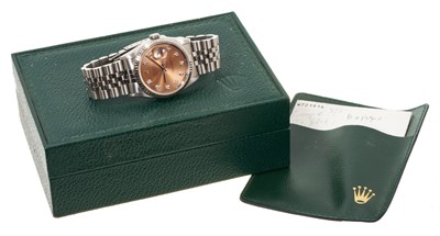 Lot 753 - Gentlemen's Rolex Oyster Perpetual DateJust stainless steel wristwatch with a circular bronzed satin dial and diamond dot hour markers in Oyster case with milled bezel and screw down crown on a...