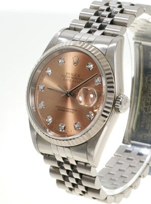 Lot 753 - Gentlemen's Rolex Oyster Perpetual DateJust stainless steel wristwatch with a circular bronzed satin dial and diamond dot hour markers in Oyster case with milled bezel and screw down crown on a...