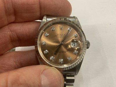 Lot 753 - Gentlemen's Rolex Oyster Perpetual DateJust stainless steel wristwatch with a circular bronzed satin dial and diamond dot hour markers in Oyster case with milled bezel and screw down crown on a...