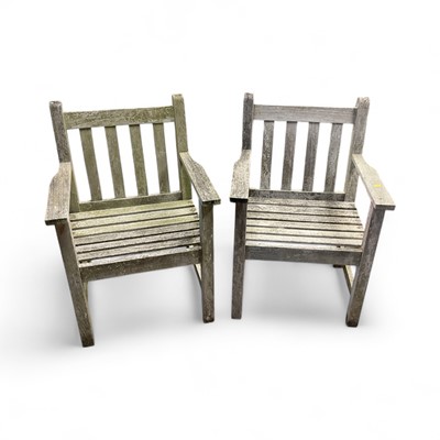 Lot 1530 - Wooden garden table, 150cm x 71cm, together with two chair and a similar bench 157cm wide (4)