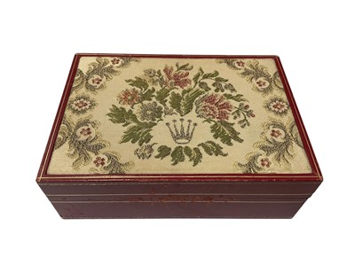 Lot 43 - Vintage Rolex red leather empty watch box, the hinge lid with an embroidered floral panel