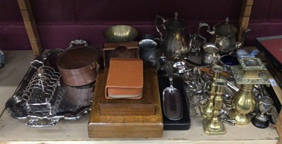 Lot 768 - Quantity of silver plate and brassware to include brass candlesticks, plated cutlery and other silver plated items