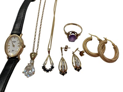 Lot 1001 - Group of 9ct gold jewellery and a 9ct gold cased Rotary wristwatch on leather strap