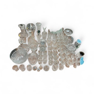 Lot 423 - Quantity of assorted cut glass wares to include a Waterford Crystal clock, contemporary ships decanter with silver collar, vases and bowls.