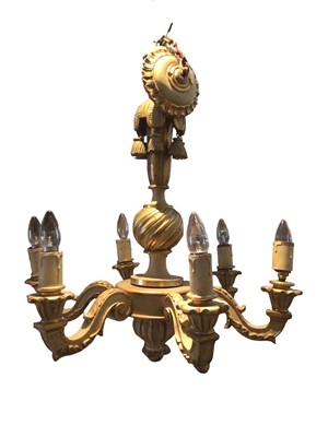 Lot 777 - Italian carved wood and cream painted 6 branch electrolier with parcel gilt decoration
