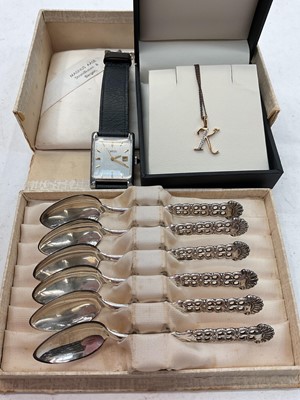 Lot 1013 - 9ct gold diamond set 'K' initial pendant on silver chain, Oris wristwatch and set of six Norwegian silver (830) coffee spoons