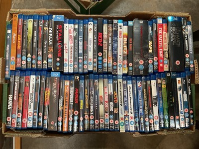 Lot 130 - Seven boxes of Blu-Ray films, to include Marvel, DC, James Bond, The Bourne collection, Kill Bill collection, Terminator, the Equalizer, John Wick and many other films and genres.