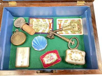 Lot 98 - Art Deco silver and enamel compact, together with two old keys, two trinket boxes and sundry items, housed in a Victorian rosewood box
