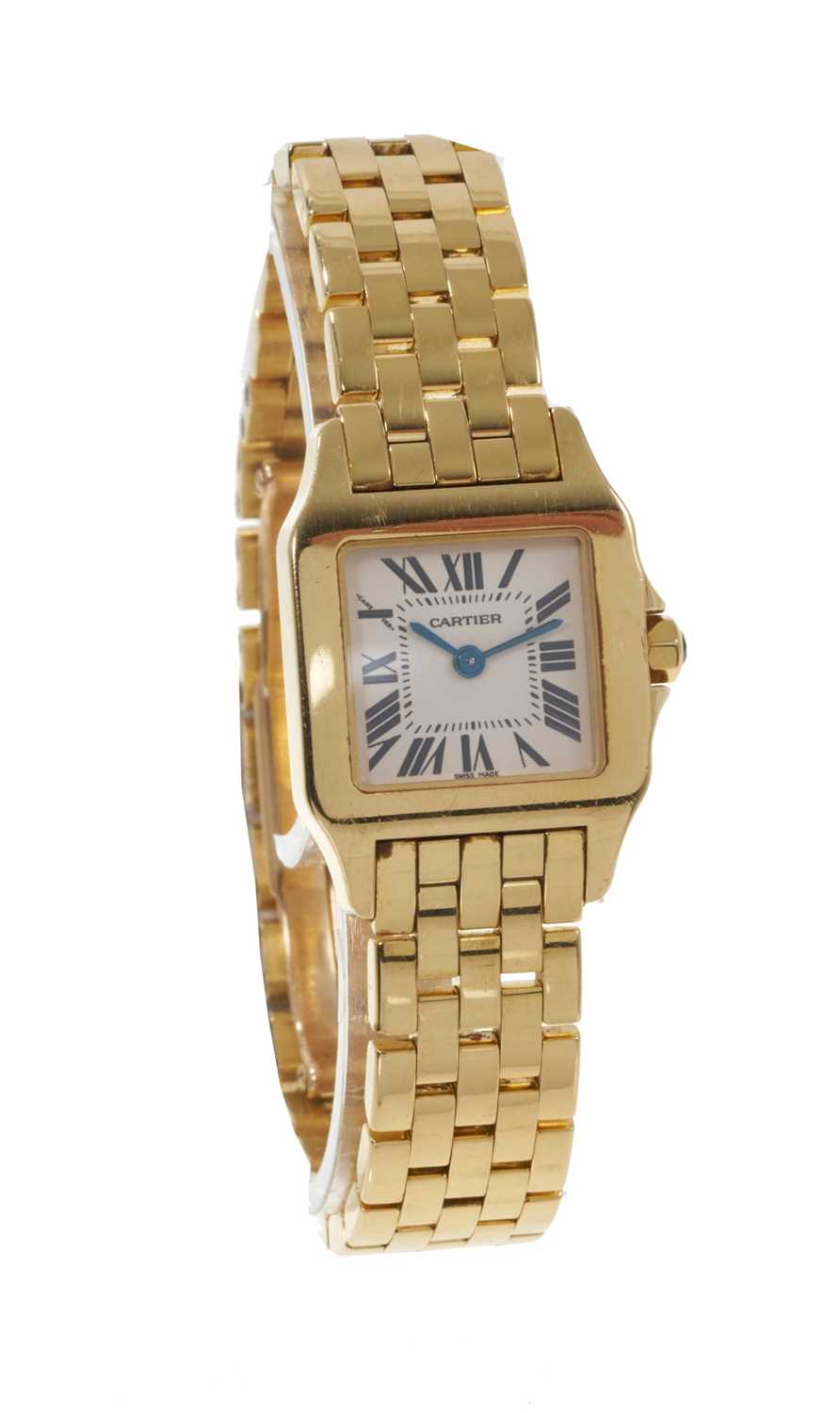 Lot 750 - Ladies' Cartier 'Santos Demoiselle' 18ct gold quartz wristwatch. Boxed with booklets, dated 2006.