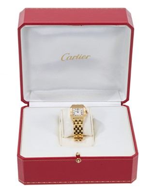 Lot 750 - Ladies' Cartier 'Santos Demoiselle' 18ct gold quartz wristwatch. Boxed with booklets, dated 2006.