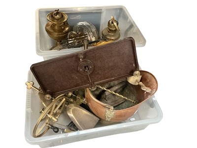Lot 492 - Two boxes of assorted oil lamp parts and metalware.