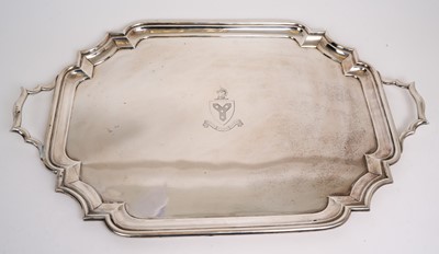 Lot 491 - Large silver two handled tray with engraved Cunningham crest and motto "Over Fork Over"