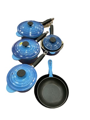 Lot 475 - Le Creuset blue cast iron and enamel pans, (7 pieces).
