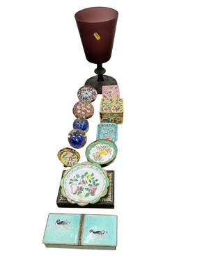 Lot 476 - Group of Chinese enamel boxes and dishes, glass paperweights and other items.