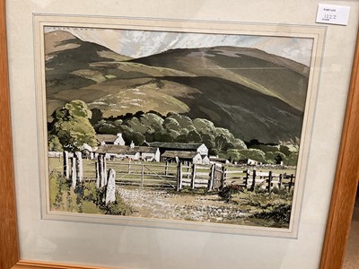 Lot 1222 - Alan Moon, gouache mountainous landscape with farm, and three other local watercolours