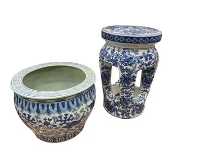 Lot 482 - Modern Chinese blue and white jardinère and a similar garden seat, (2).