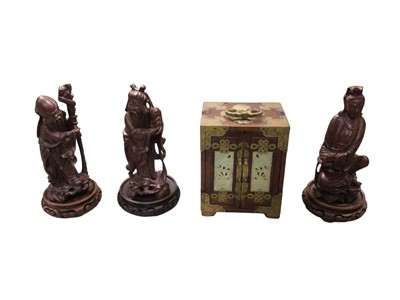 Lot 780 - Chinese rosewood and brass jewellery box together with Chinese carved wooden figures