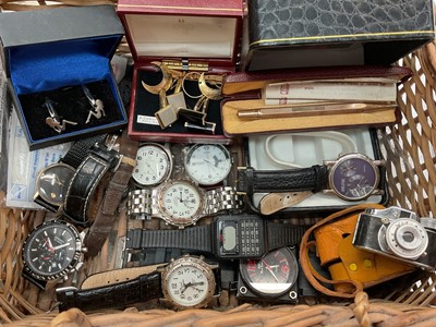 Lot 1021 - Group of wristwatches including Mathey-Tissot silver gilt watch with black dial and leather strap, Sekonda, Timex, etc, gold plated pencil in case and a miniature vintage camera