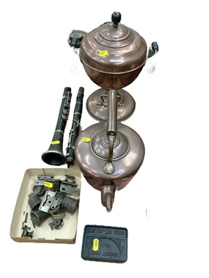 Lot 485 - Copper samovar, copper kettle, clarinet, furniture fittings and metal box.