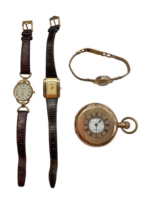 Lot 1044 - Edwardian gold plated half-hunter pocket watch, two Gucci wristwatches, and one other wristwatch (4)