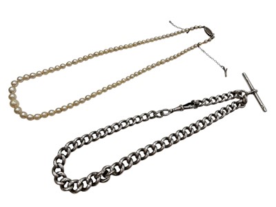 Lot 1042 - Edwardian silver curb link watch chain and a cultured pearl necklace