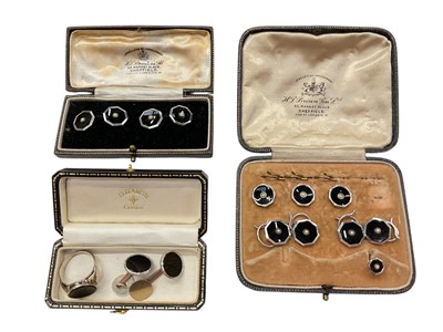 Lot 1043 - Pair of Art Deco black onyx and white gold cufflinks, similar signet ring and other silver dress studs