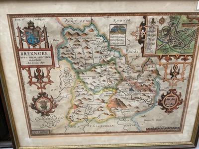 Lot 1227 - 17th century tinted map of Breknoke dated 1610 in glazed frame and another of Rutlandshire by John Speede (2)