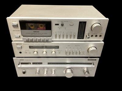 Lot 123 - Nikko integrated stereo amplifier NA-500, together with a Nikko stereo cassette deck ND-500H and an Aiwa FM stereo tuner 9700 and a pair of vintage speakers