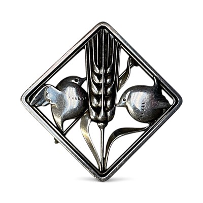 Lot 24 - Georg Jensen Danish sterling silver brooch, the square plaque with a diagonal wheat sheaf and two birds, no. 250
