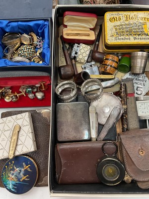 Lot 1034 - Silver cigarette case, pipes, lighters etc, silver compact, vintage Stratton compacts, costume jewellery, old compass in leather case and other items