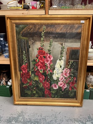 Lot 1232 - Large Early 29th century oil on canvas, cottage with hollyhocks in gilt frame 111 x 92cm
