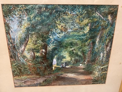 Lot 1250 - Victorian watercolour in glazed gilt frame, country lane with figures and goats by stream, 80 x 91 cm overall