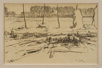 Lot 1046 - Harry Becker (1865-1928) lithograph - Sheep and Beansheaf, 34.5cm x 54.5cm, in glazed maple veneered frame