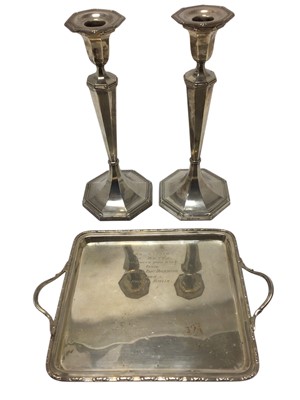 Lot 461 - Pair silver candlesticks and a silver tray