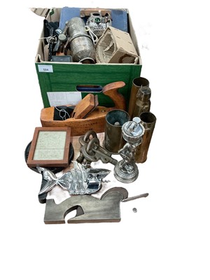 Lot 504 - Group of tools and sundry items to include brass shell cases, planes and a cycle lamp.