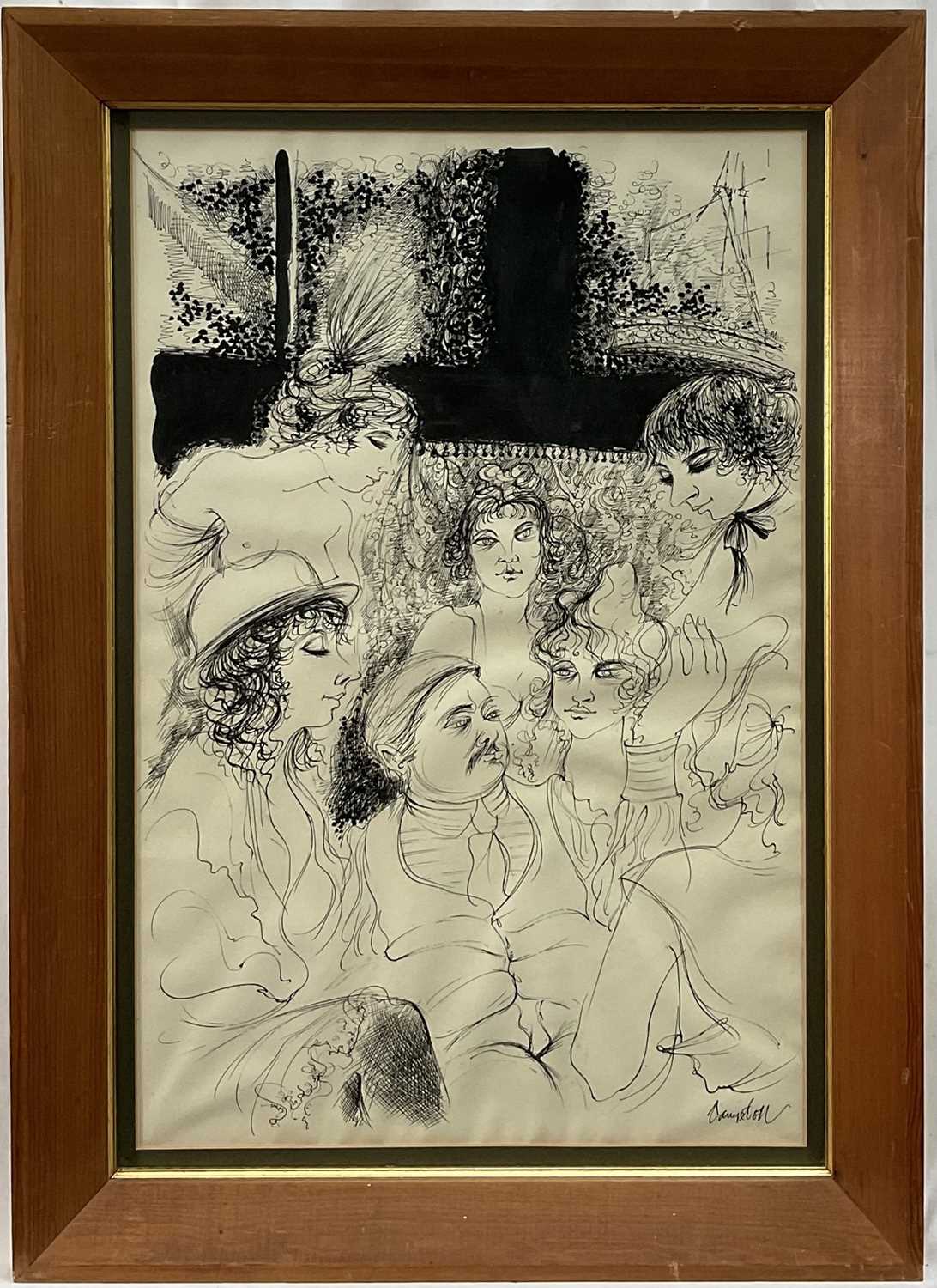 Lot 90 - Campbell - possibly George F Campbell (1917-1979) pen and ink, figural scene