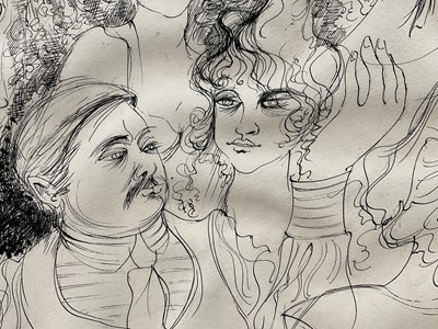 Lot 90 - Campbell - possibly George F Campbell (1917-1979) pen and ink, figural scene